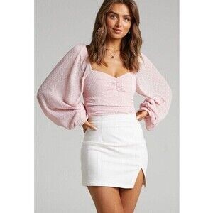 Showpo Womens Bodysuit Blouse Top Pink 16 Balloon Sleeve Ruched Swiss Dot